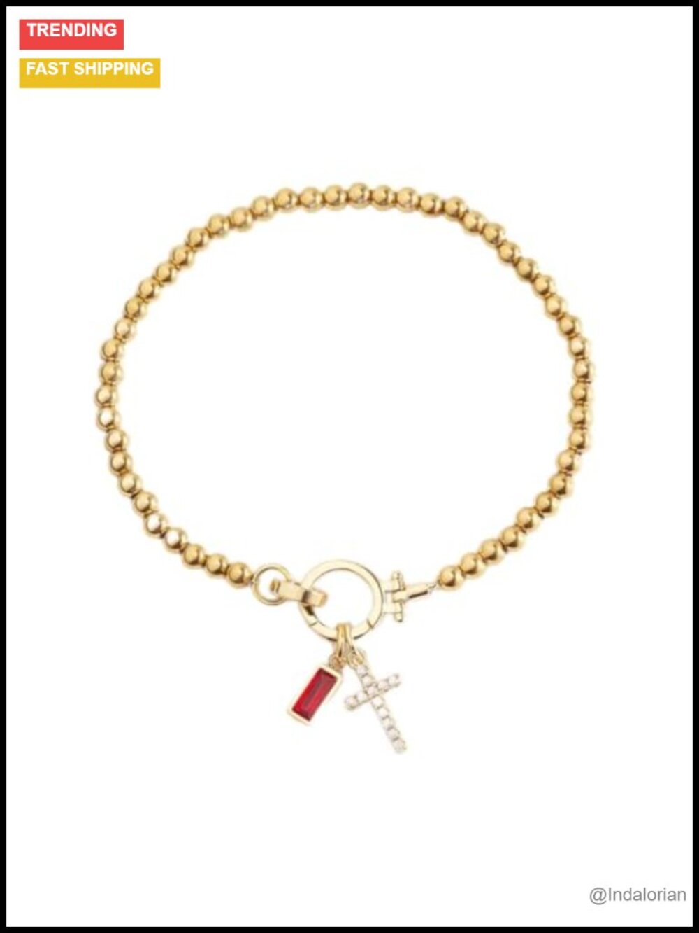 Stretch Beaded Cross Charm Bracelet 18K Gold Tone Stainless Steel Birthstone